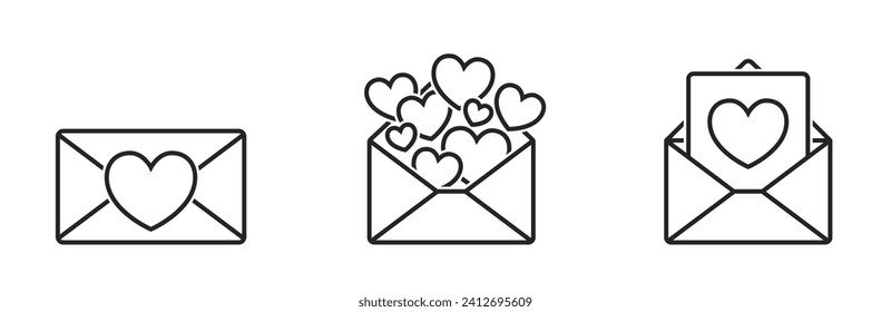 iconos de la línea de mensajes de amor. sobre con símbolos de corazón. elementos vectoriales para diseño de valentinas