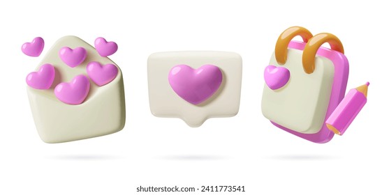 Love message notification 3d icons set. Envelope, speech bubble and a note with pink heart. Valentines day social media three dimensional vector illustrations.