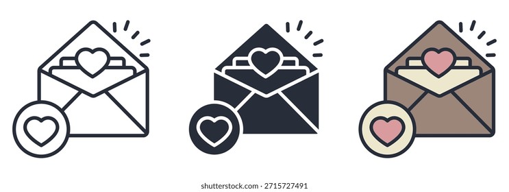 Conjunto de iconos de notificación de mensaje de amor con sobre abierto y símbolos de corazón