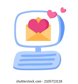 Love message on computer screen in flat design. Sending  love letter via internet. Online dating.