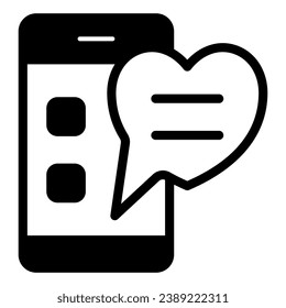 Mensaje de amor en pantalla de smartphone, corazón, icono de chat sólido, concepto de citas, signo de vector de mensajes de texto sobre fondo blanco, icono de estilo de glifo para concepto móvil y diseño web. Gráficos vectoriales