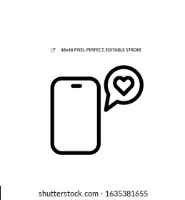 Love message on smartphone simple line icon vector illustration. Editable stroke. 48x48 Pixel Perfect.