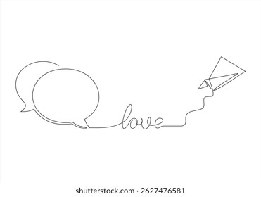Love Message with Paper Airplane and Speech Bubbles. Editable stroke. 
one line continuous drawing.