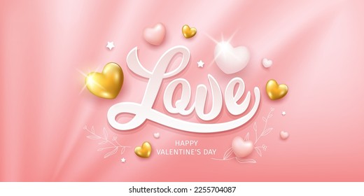 LOVE message paper cut, pink and gold heart design banner on curtain pink background, EPS10 Vector illustration.