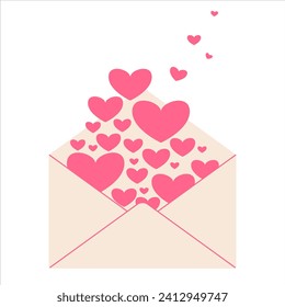 Love message in paper envelope. Hearts fly out of envelope. Vector illustration for design, sticker, valentines day