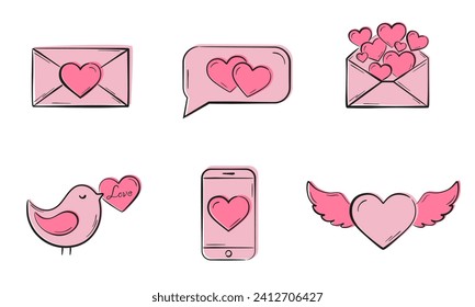 love message pink icon set. heart and romantic symbols. vector elements for valentines day design