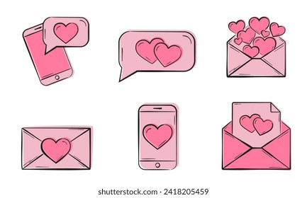 Liebesnachricht rosa Symbol gesetzt. Briefumschlag, Chatblase und Telefon mit Herzen. Vektorelemente für Valentinstag-Design