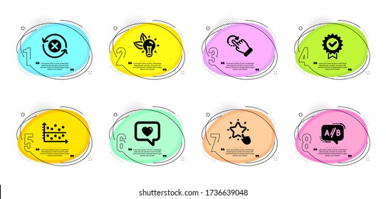 Love message, Rotation gesture and Dot plot signs. Timeline infographic. Ranking star, Eco energy and Certificate line icons set. Ab testing, Reject refresh symbols. Click rank, Lightbulb. Vector