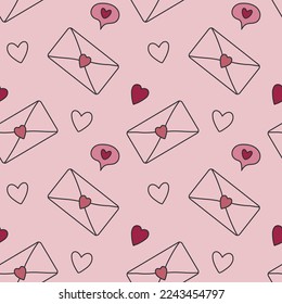 Love message seamless pattern. Letter and message with red heart repeat on pink background. Hand drawn design for Valentine's, Mother's day, birthday card, wallpaper or gift wrap. Vector illustration.