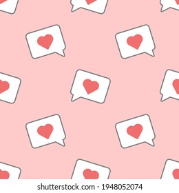 Love message seamless pattern, red hearts in white speech box on pink background, vector illustration, flat design
