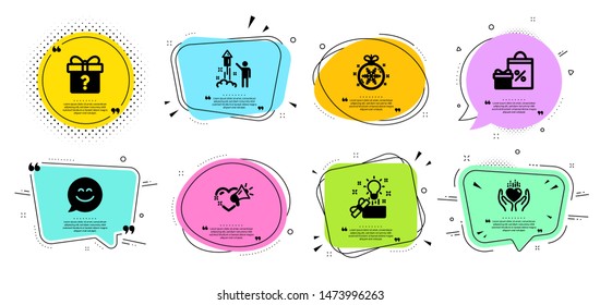 Love message, Secret gift and Creative idea line icons set. Chat bubbles with quotes. Christmas ball, Fireworks and Shopping signs. Smile chat, Hold heart symbols. Heart, Unknown package. Vector