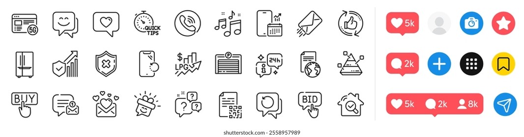 Love message, Security statistics and Question bubbles line icons pack. Social media icons. Smile face, Parking garage, Refrigerator web icon. E-mail, New message, Pyramid chart pictogram. Vector