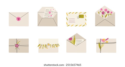 Love message. Set of envelopes with mail, postmarks, postcards and spring flowers. Post correspondence with stamps vector collection.