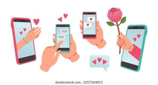 Love message set. Hand holding phone with love or like notification messages, Valentines day design concept