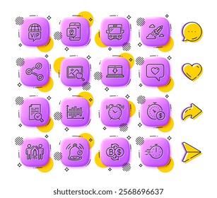 Love message, Share and Search photo line icons. App 3d buttons. Social media comment, share, like icons. Pack of Pin marker, Startup rocket, Reminder icon. Vector