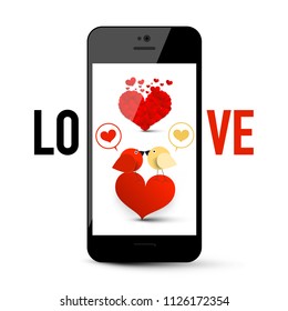 Love Message Symbol on Mobile Phone with Hearts and Kissing Birds