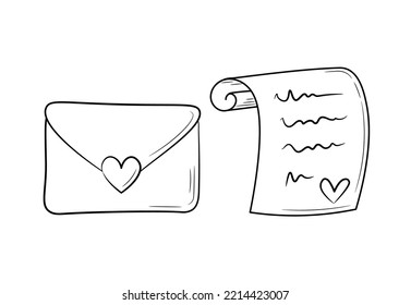 Love Message Symbol mit Text und geschlossenem Umschlag. Line zeichnet eine einfache schwarze Linie auf ein Stück Papier. Handgezeichnet im Doodle-Stil. Einzige Vektorgrafik.