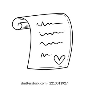 Love message symbol with text. Line drawing a simple black line on a piece of paper. Hand drawn in doodle style. Isolated vector illustration.