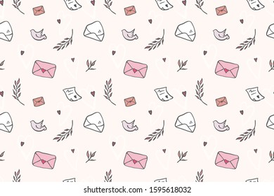 Love message texture romantic seamless pattern with hearts and dove. Love letter print. Vector illustration