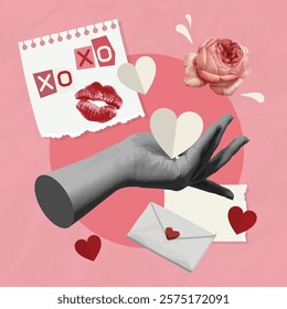 Love message
,Valentine's Day collage featuring a hand making a heart gesture, Valentine concpet, Trendy retro 60s 70s cartoon style.