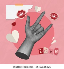 Love message
,Valentine's Day collage featuring a hand making a heart gesture, Valentine concpet, Trendy retro 60s 70s cartoon style.