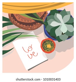 love message vector illustration. cacti and succulent top view. bright color love letter picture. greeting card. valentines card.  