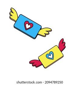 Love message as a winged envelope with a pattern of hearts. Doodle Valentines day clip art