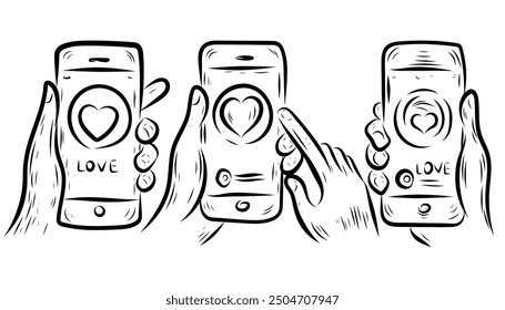 Love messages collection. Hand holding phone with love messages or notification, Valentine's day design concept, line art style