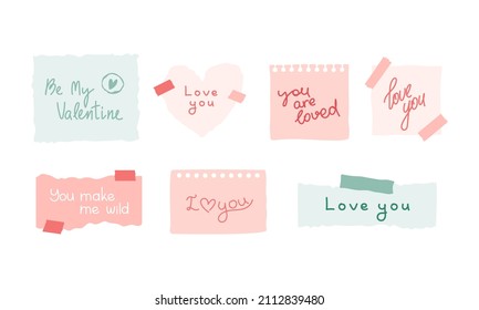 Love messages on various paper sheets, notes with tapes, hand written text. Valentine's Day hand drawn stationary elements, clipart set, stickers. Vector illustration.