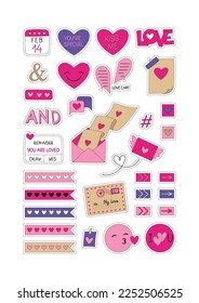 Love Messages Printable Sticker Pack With Illustrations Of Hearts, Mails, Tags, Calendar, Love Signs