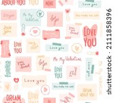Love messages and quotes on various paper sheets, notes with tapes, hand written text. Valentine