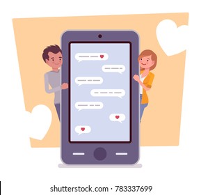 Love in messenger. Young happy couple using mobile app to connect, instant messaging delivering sweet words to express feelings. Vector flat style cartoon illustration isolated on white background