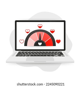 Medidor de amor en el diseño de un velocímetro en una laptop. Símbolos y puntero del corazón. Termómetro de amor, escalas de pasión, manómetro de medición de romance para el concepto de medidor de amor. Ilustración del vector