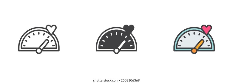 Love meter different style icon set. Line, glyph and filled outline colorful version, outline and filled vector sign. Speedometer with heart symbol, logo illustration. Vector graphics
