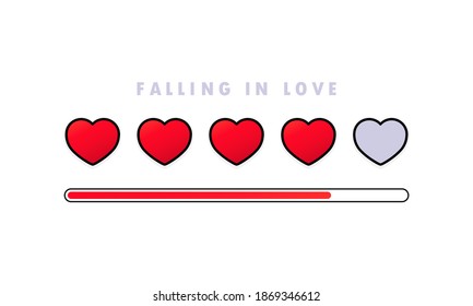 Love meter emotion concept. Customer review progress bar infographic design element for dating and valentine day holiday. Falling in love text. Heart. Vector on isolated white background. EPS 10