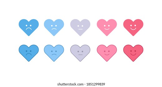 Love meter emotion concept. Vector flat illustration set. Heart shape faces with smile with expression from hate to adoration. design element for dating and valentine day holiday.