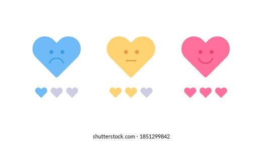 Love meter emotion concept. Vector flat illustration. Infographic design element for dating and valentine day holiday. Red, yellow and blue heart shape with smile. Hate, indifferent and happy emotion.