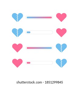 Love meter emotion concept. Vector flat illustration set. Customer review progress bar infographic design element for dating and valentine day holiday. Red happy and broken blue heart shape.