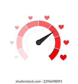 Love meter heart indicator. Love day full test valentine background card progress. Speed Logo. Meter of love. Speedometer with measure feelings and romance. Vector illustration