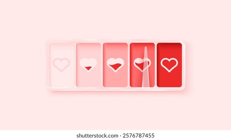 Love meter. Heart symbol isolated. Loading indicator. Progress bar. Vector eps10 illustration. Valentine's day concept. Romance measuring scale. 3d. UI element design. Flat. Raltionship satisfaction.