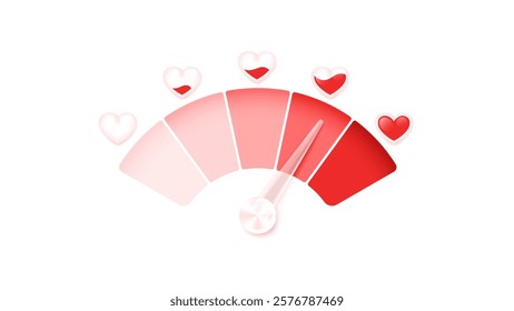 Love meter. Heart symbol isolated. Loading indicator. Progress bar. Vector eps10 illustration. Valentine's day concept. Romance measuring scale. 3d. UI element design. Flat. Raltionship satisfaction.