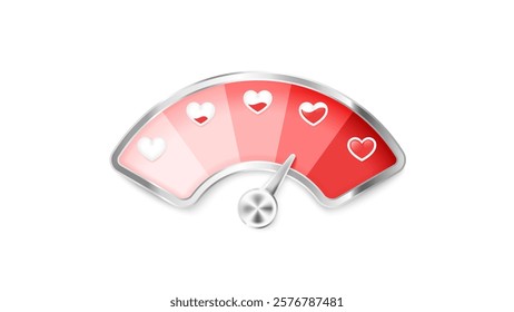 Love meter. Heart symbol isolated. Loading indicator. Progress bar. Vector eps10 illustration. Valentine's day concept. Romance measuring scale. 3d. UI element design. Flat. Raltionship satisfaction.