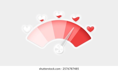Love meter. Heart symbol isolated. Loading indicator. Progress bar. Vector eps10 illustration. Valentine's day concept. Romance measuring scale. 3d. UI element design. Flat. Raltionship satisfaction.