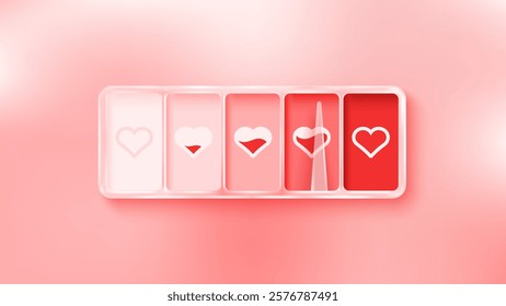 Love meter. Heart symbol isolated. Loading indicator. Progress bar. Vector eps10 illustration. Valentine's day concept. Romance measuring scale. 3d. UI element design. Flat. Raltionship satisfaction.
