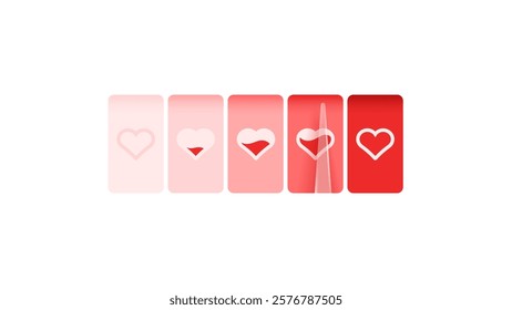 Love meter. Heart symbol isolated. Loading indicator. Progress bar. Vector eps10 illustration. Valentine's day concept. Romance measuring scale. 3d. UI element design. Flat. Raltionship satisfaction.