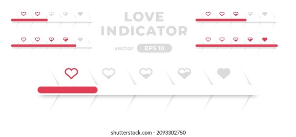 Liebeszähler. Anzeige wird geladen. Prozentualer Balken. Liebesspur Konzept mit rotem Herzen. Zufriedenheitsindikator. Benutzeroberfläche, Benutzeroberfläche. Minimalistische 3D-Vorlage. Realistisches modernes Design. Vektorgrafik.