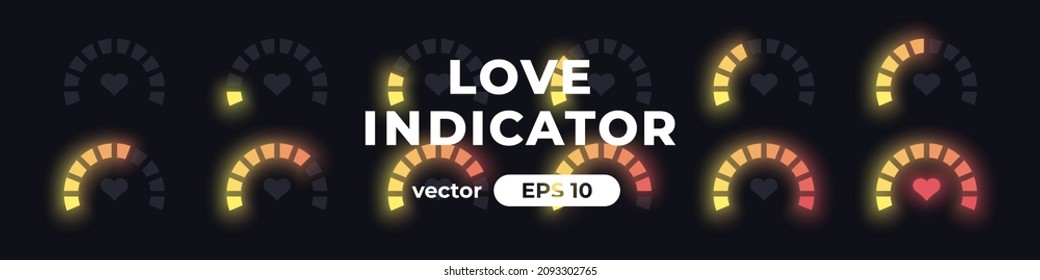 Love meter. Loading indicator. Percentage circle. Love gauge concept with red heart. Satisfaction indicator. UI, User interface. Minimalistic 3d template. Realistic modern design. Vector illustration.