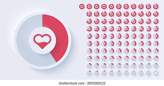 Love meter. Loading indicator. Percentage circle. Love gauge concept with red heart. Satisfaction indicator. UI, User interface. Minimalistic 3d template. Realistic modern design. Vector illustration.