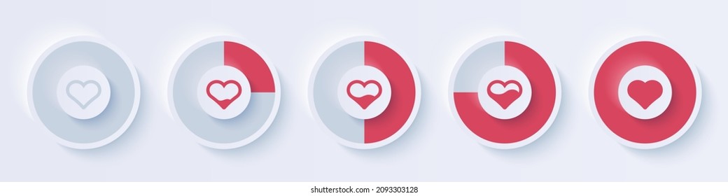 Liebeszähler. Anzeige wird geladen. Prozentkreis. Liebesspur Konzept mit rotem Herzen. Zufriedenheitsindikator. Benutzeroberfläche, Benutzeroberfläche. Minimalistische 3D-Vorlage. Realistisches modernes Design. Vektorgrafik.