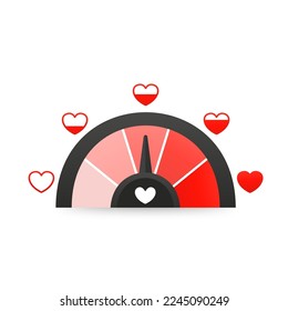 Love meter in speedometer design. Heart symbols and pointer. Love thermometer, passion scales, romance measurement gauge for love meter concept. Vector illustration